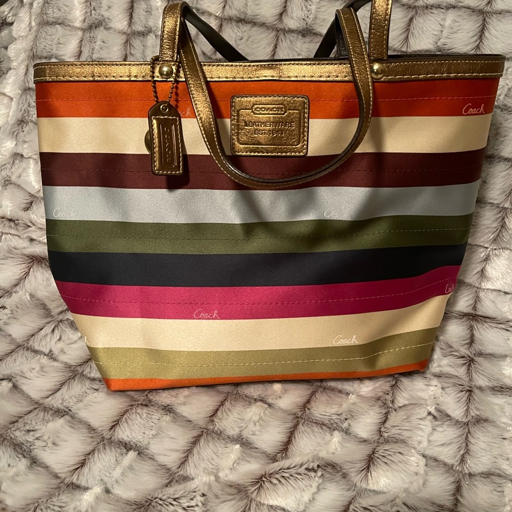 Coach Orange and Green Tote Bag with Leather Handles